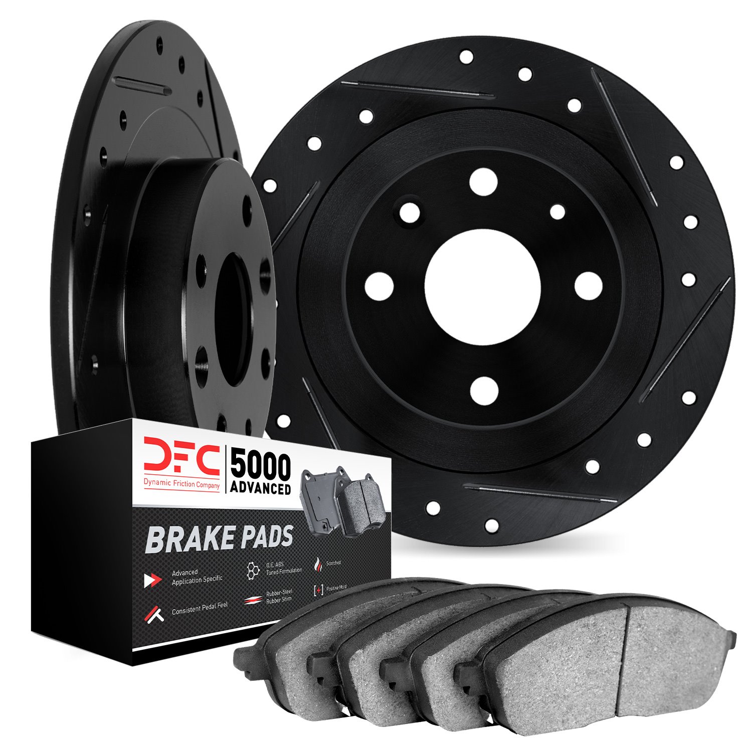 8502-65026 Drilled/Slotted Brake Rotors w/5000 Advanced Brake Pads Kit [Black], 1969-1987 GM, Position: Rear