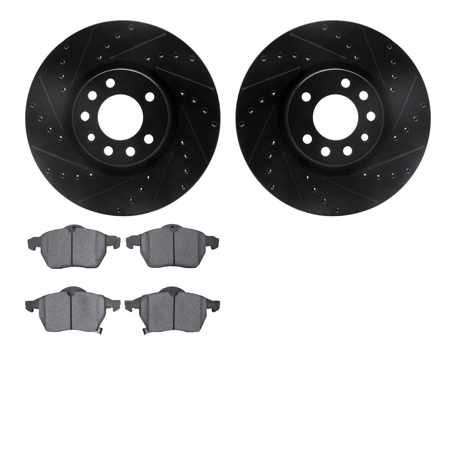 8502-65070 Drilled/Slotted Brake Rotors w/5000 Advanced Brake Pads Kit [Black], 1999-2010 GM, Position: Front