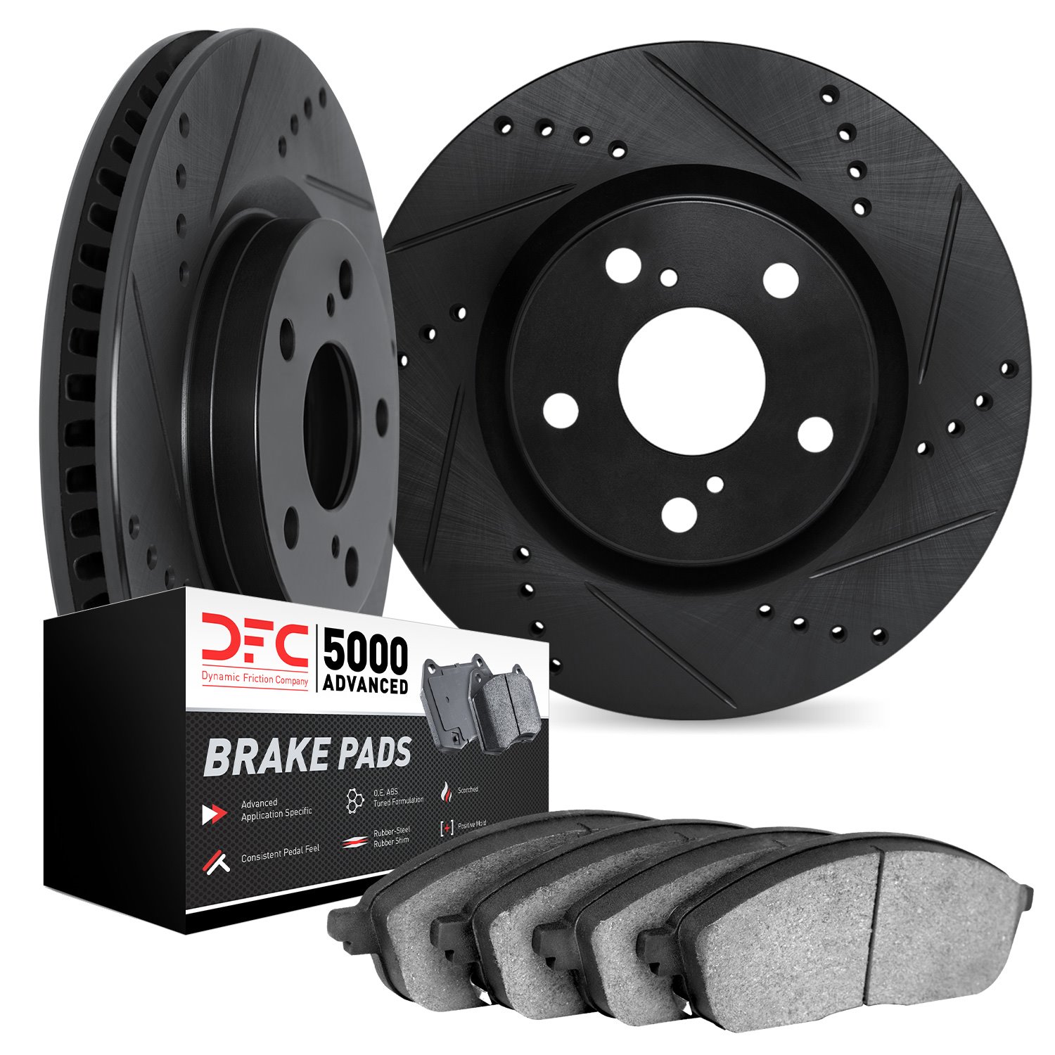 8502-67005 Drilled/Slotted Brake Rotors w/5000 Advanced Brake Pads Kit [Black], Fits Select Infiniti/Nissan, Position: Rear