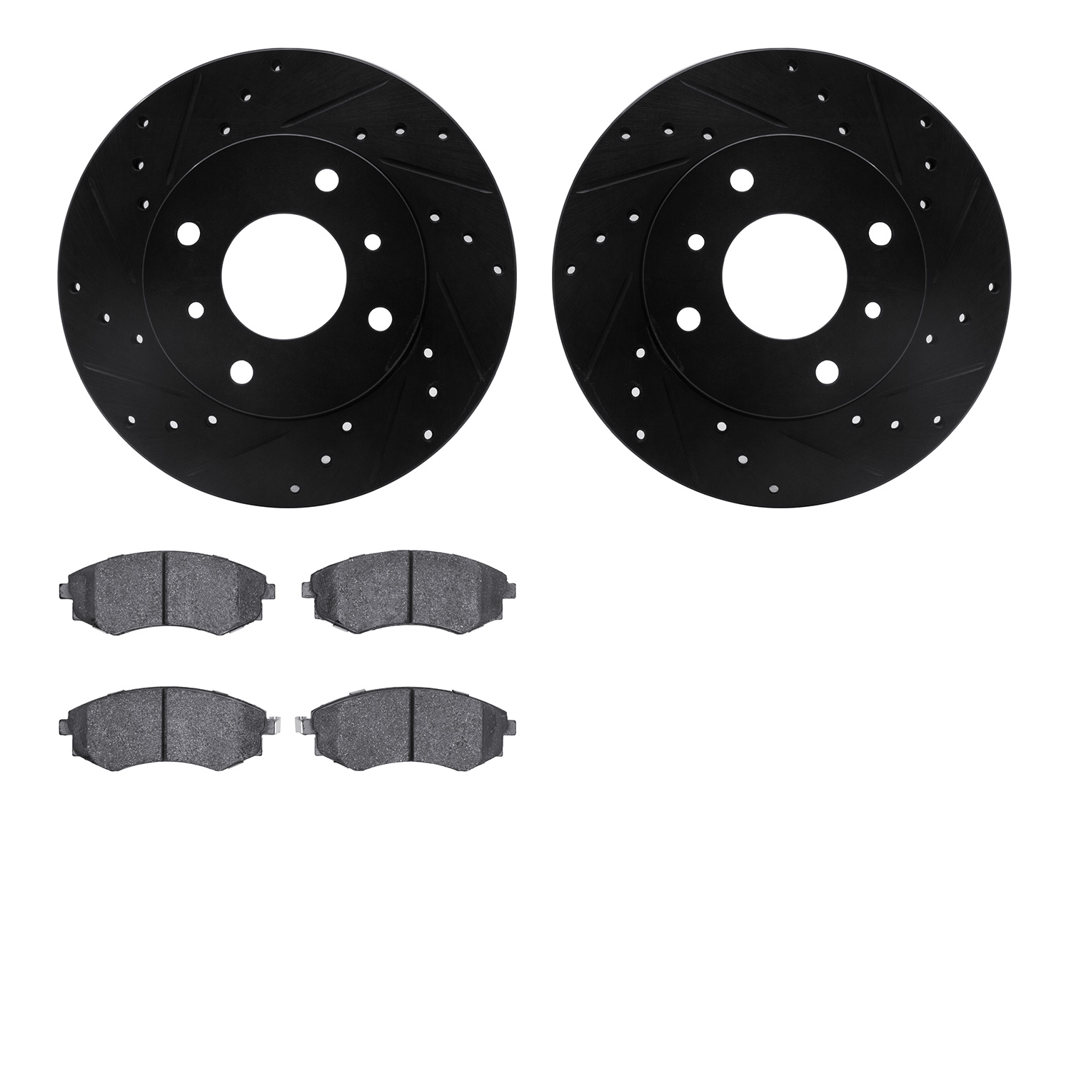 8502-67022 Drilled/Slotted Brake Rotors w/5000 Advanced Brake Pads Kit [Black], 1997-2006 Infiniti/Nissan, Position: Front