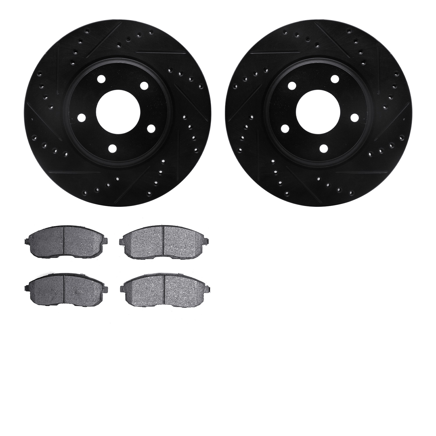 8502-67046 Drilled/Slotted Brake Rotors w/5000 Advanced Brake Pads Kit [Black], 2002-2006 Infiniti/Nissan, Position: Front