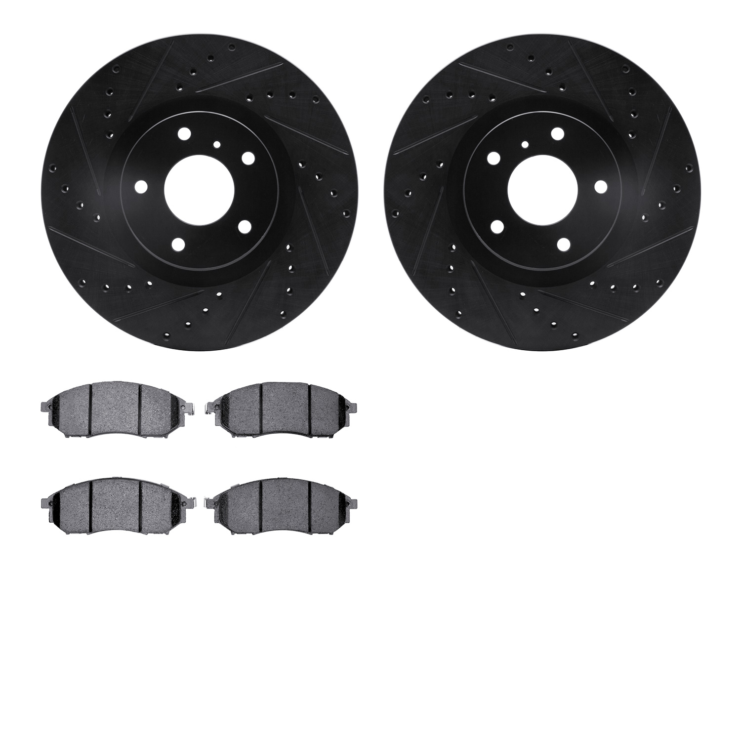 8502-67047 Drilled/Slotted Brake Rotors w/5000 Advanced Brake Pads Kit [Black], 2005-2013 Infiniti/Nissan, Position: Front