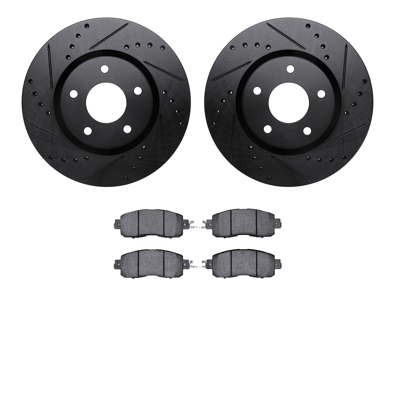 8502-67065 Drilled/Slotted Brake Rotors w/5000 Advanced Brake Pads Kit [Black], Fits Select Infiniti/Nissan, Position: Front