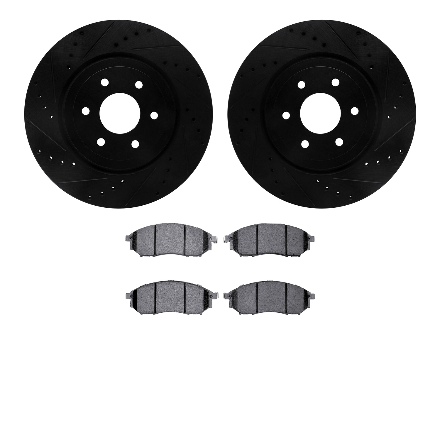 8502-67082 Drilled/Slotted Brake Rotors w/5000 Advanced Brake Pads Kit [Black], 2008-2011 Infiniti/Nissan, Position: Front