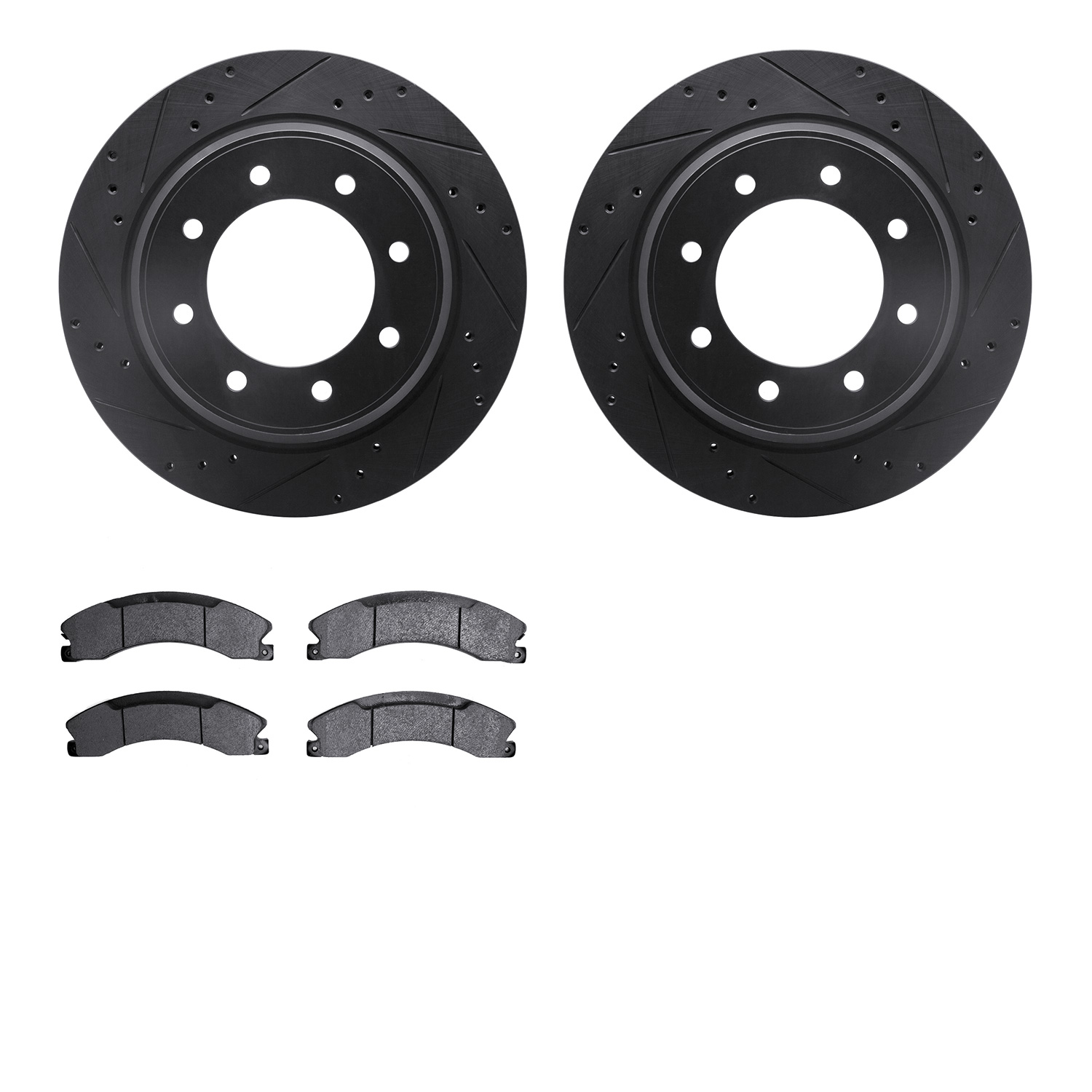 8502-67084 Drilled/Slotted Brake Rotors w/5000 Advanced Brake Pads Kit [Black], 2012-2021 Infiniti/Nissan, Position: Rear
