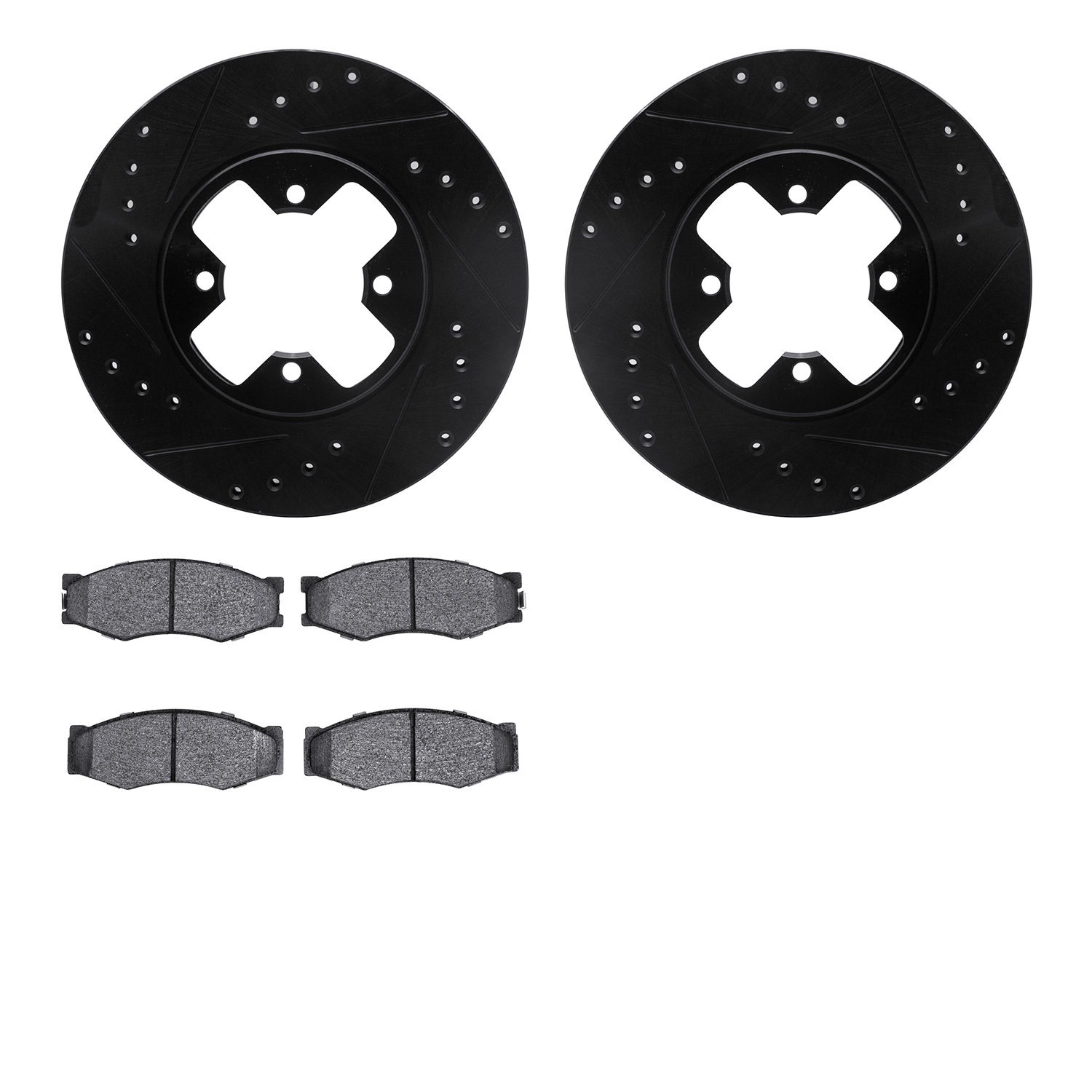 8502-67088 Drilled/Slotted Brake Rotors w/5000 Advanced Brake Pads Kit [Black], 1984-1985 Infiniti/Nissan, Position: Front