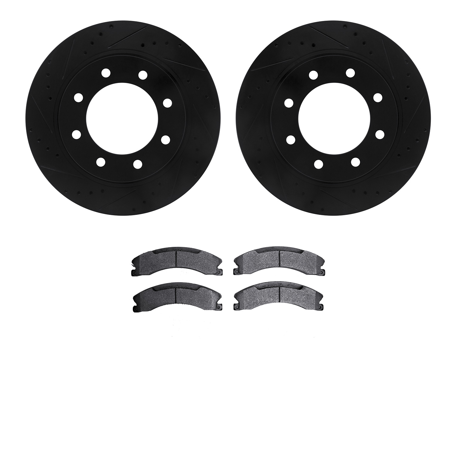 8502-67089 Drilled/Slotted Brake Rotors w/5000 Advanced Brake Pads Kit [Black], 2012-2021 Infiniti/Nissan, Position: Front