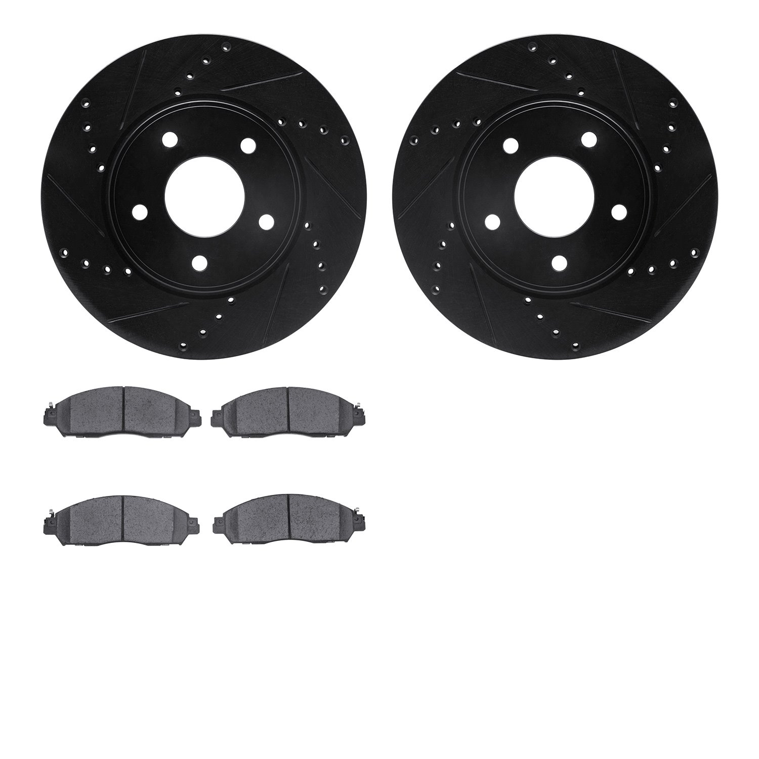 8502-67096 Drilled/Slotted Brake Rotors w/5000 Advanced Brake Pads Kit [Black], Fits Select Infiniti/Nissan, Position: Front