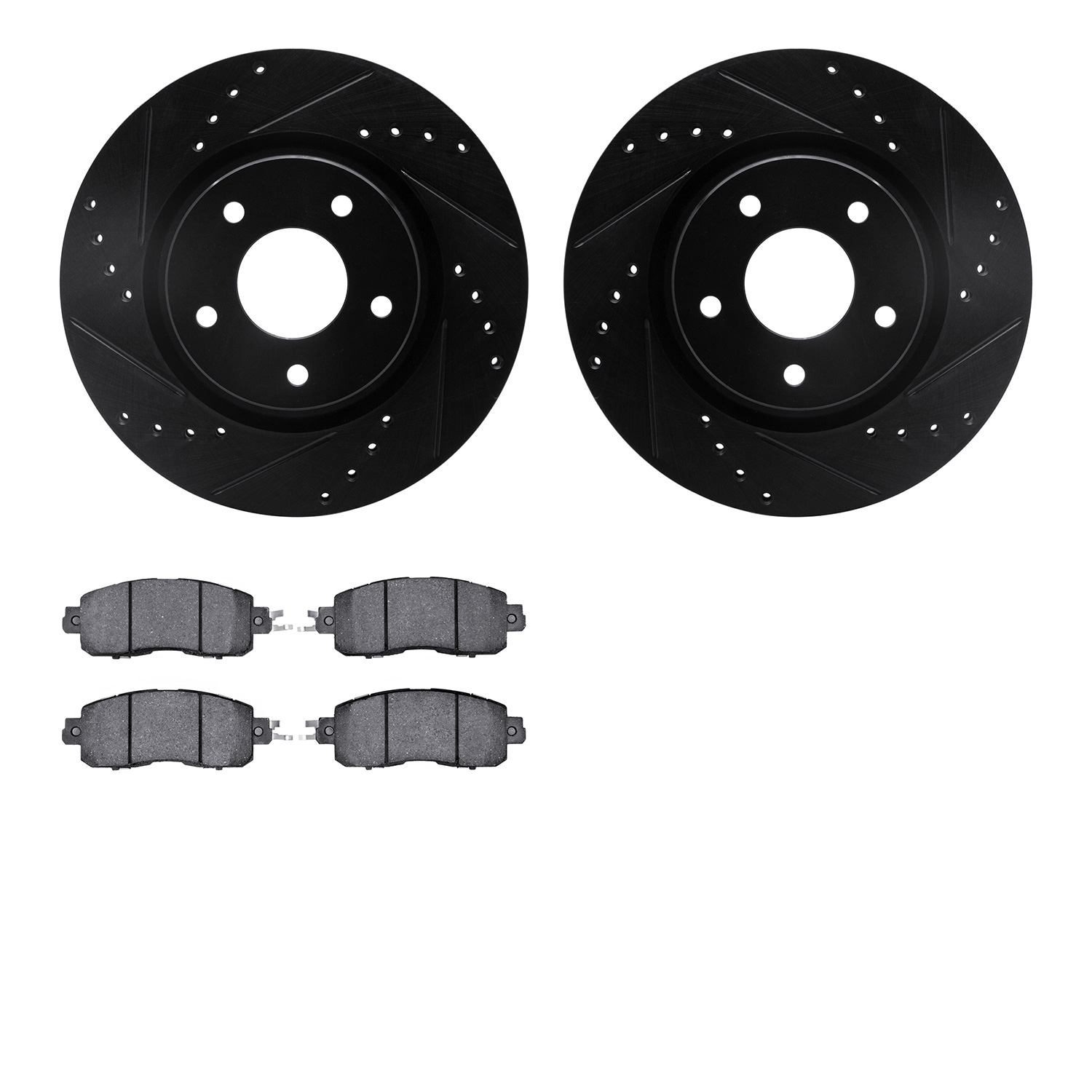 8502-67101 Drilled/Slotted Brake Rotors w/5000 Advanced Brake Pads Kit [Black], 2014-2017 Infiniti/Nissan, Position: Front