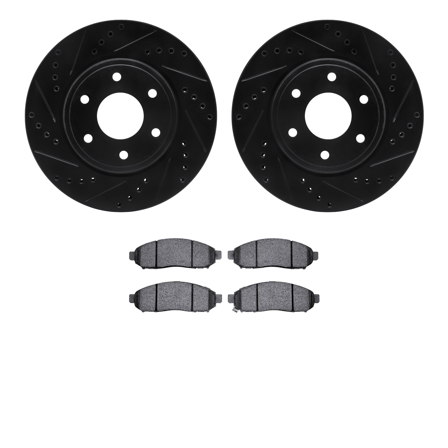 8502-67108 Drilled/Slotted Brake Rotors w/5000 Advanced Brake Pads Kit [Black], 2005-2021 Multiple Makes/Models, Position: Front
