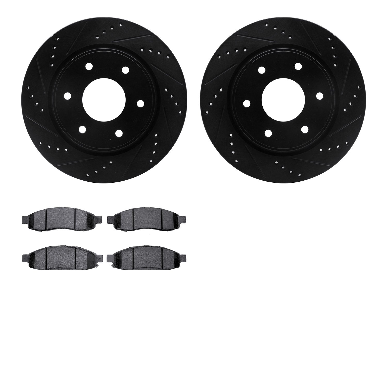 8502-67113 Drilled/Slotted Brake Rotors w/5000 Advanced Brake Pads Kit [Black], 2005-2007 Infiniti/Nissan, Position: Front