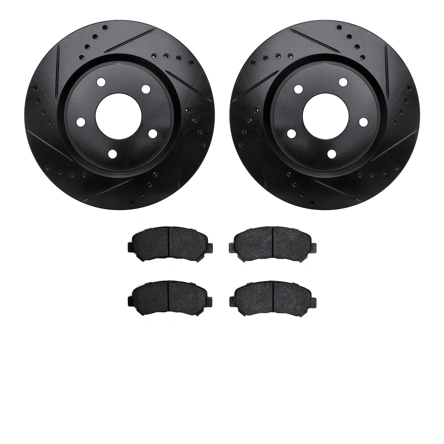 8502-67116 Drilled/Slotted Brake Rotors w/5000 Advanced Brake Pads Kit [Black], 2008-2015 Infiniti/Nissan, Position: Front