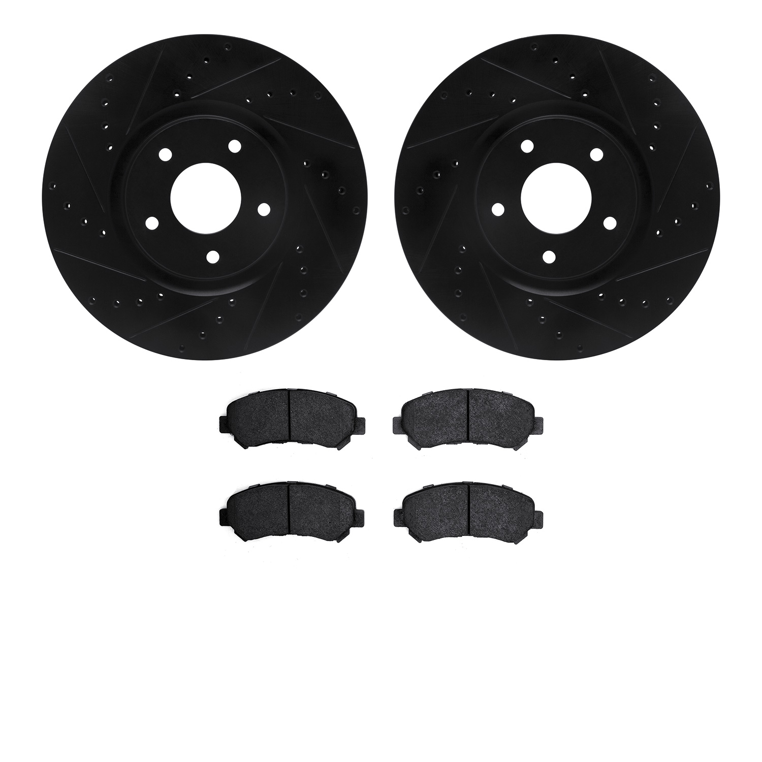 8502-67117 Drilled/Slotted Brake Rotors w/5000 Advanced Brake Pads Kit [Black], 2007-2017 Infiniti/Nissan, Position: Front