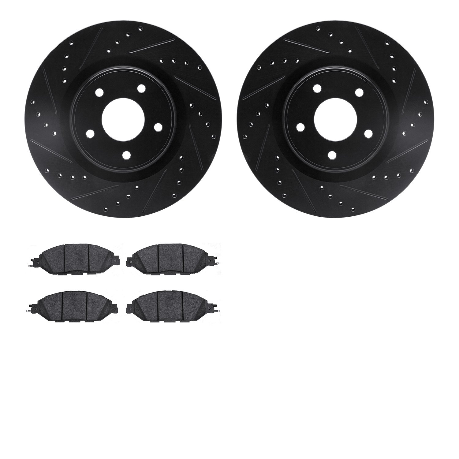 8502-67125 Drilled/Slotted Brake Rotors w/5000 Advanced Brake Pads Kit [Black], Fits Select Infiniti/Nissan, Position: Front