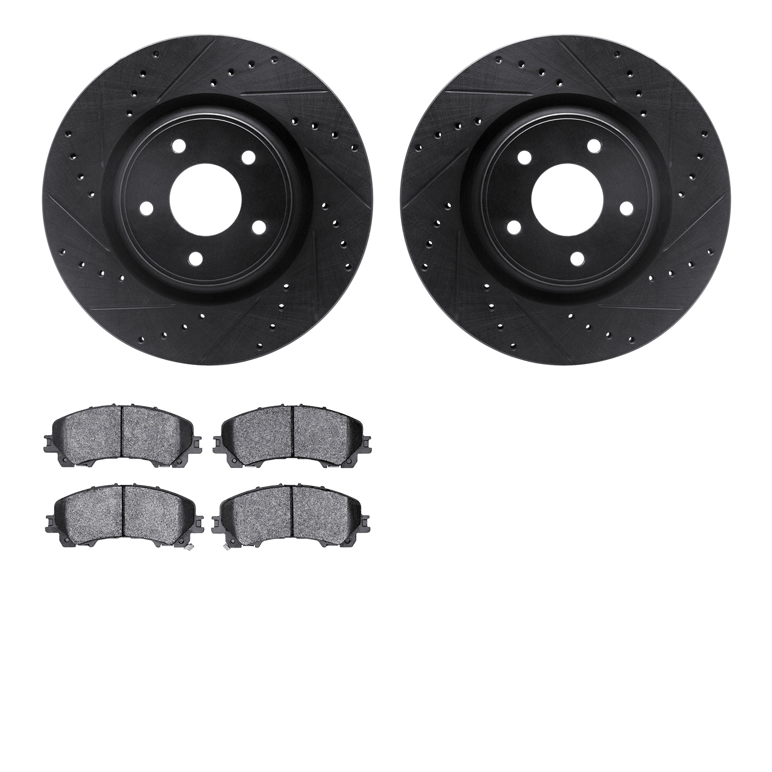 8502-67128 Drilled/Slotted Brake Rotors w/5000 Advanced Brake Pads Kit [Black], 2014-2019 Infiniti/Nissan, Position: Front