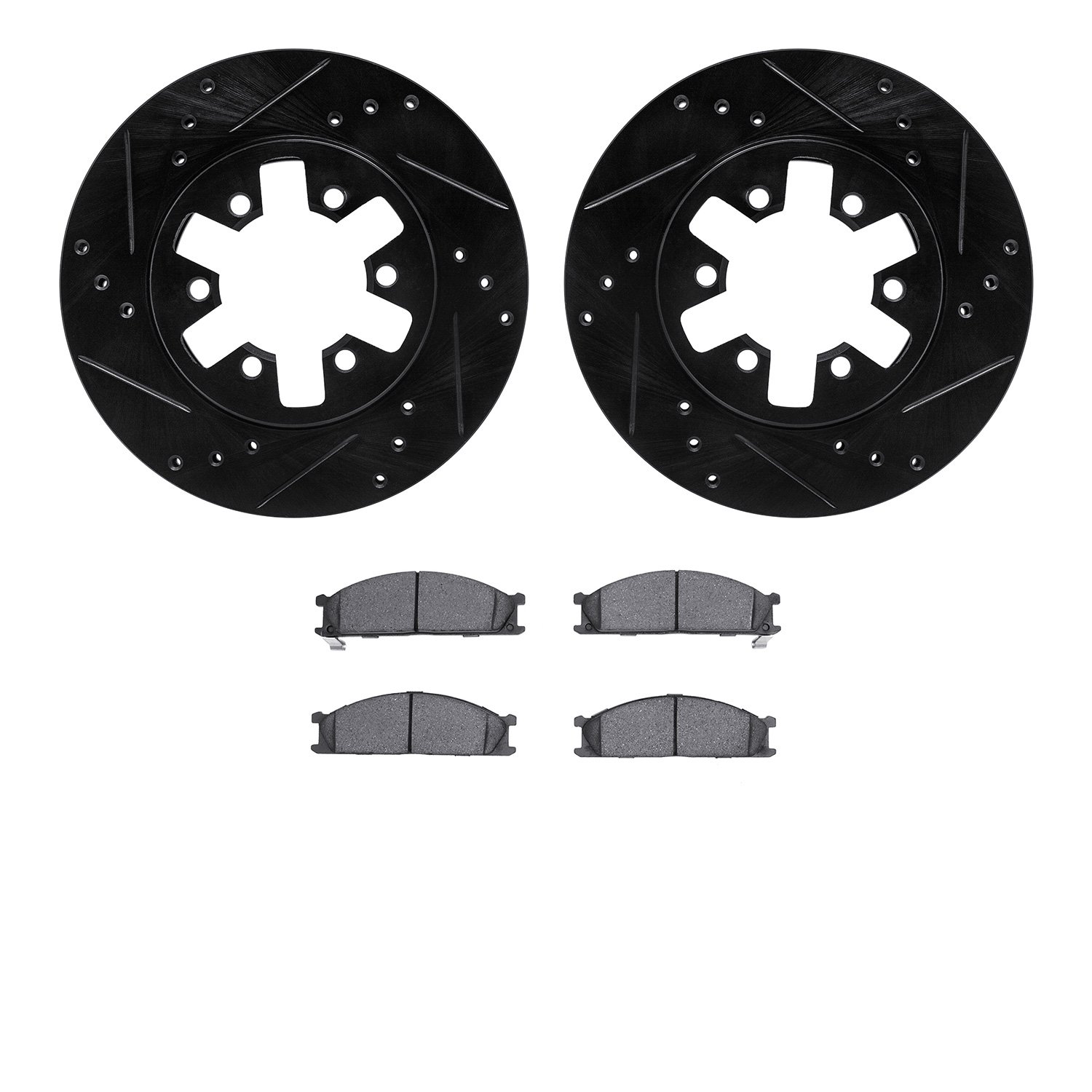 8502-67278 Drilled/Slotted Brake Rotors w/5000 Advanced Brake Pads Kit [Black], 1985-2012 Infiniti/Nissan, Position: Front