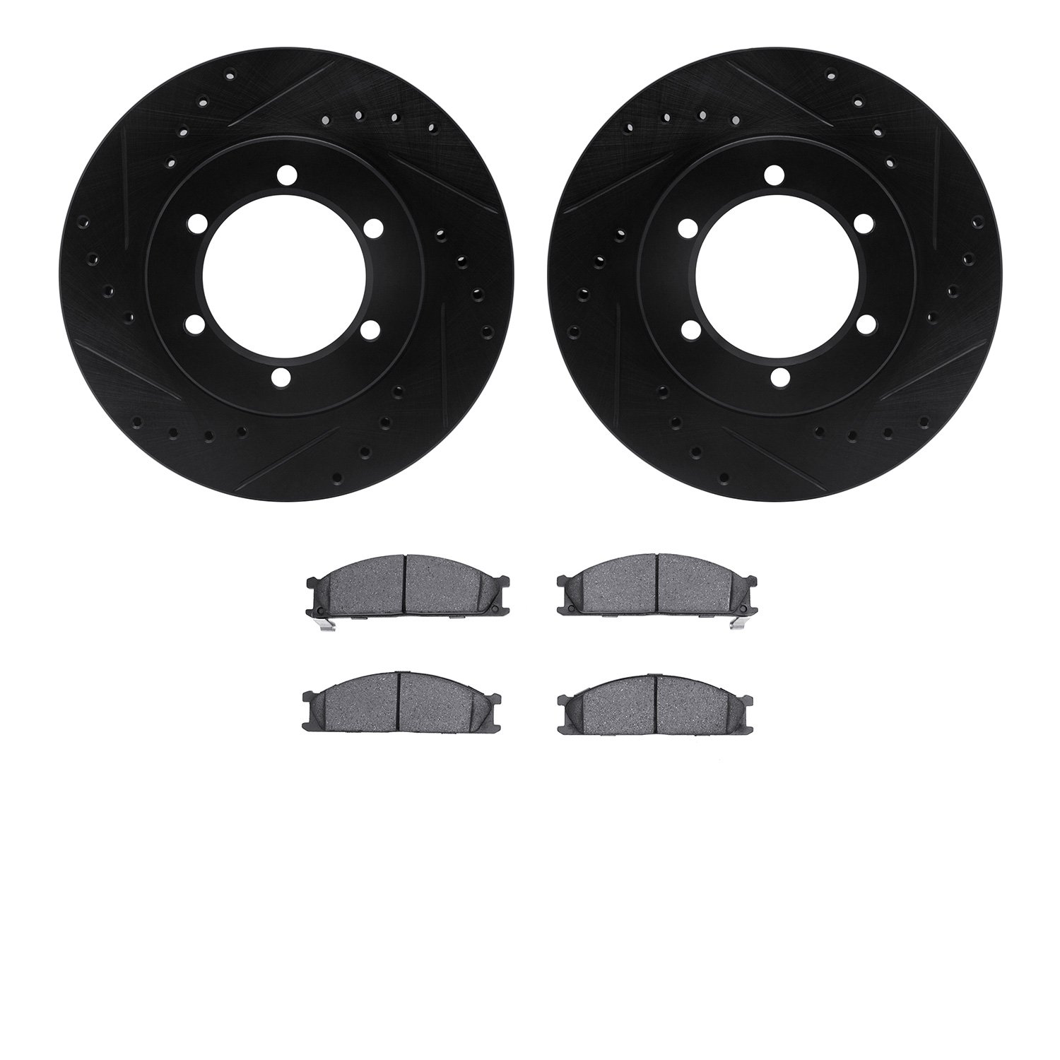 8502-67299 Drilled/Slotted Brake Rotors w/5000 Advanced Brake Pads Kit [Black], 1998-2015 Infiniti/Nissan, Position: Front