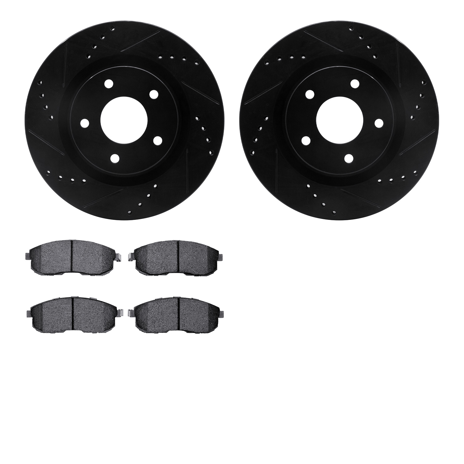 8502-67376 Drilled/Slotted Brake Rotors w/5000 Advanced Brake Pads Kit [Black], 2007-2012 Infiniti/Nissan, Position: Front