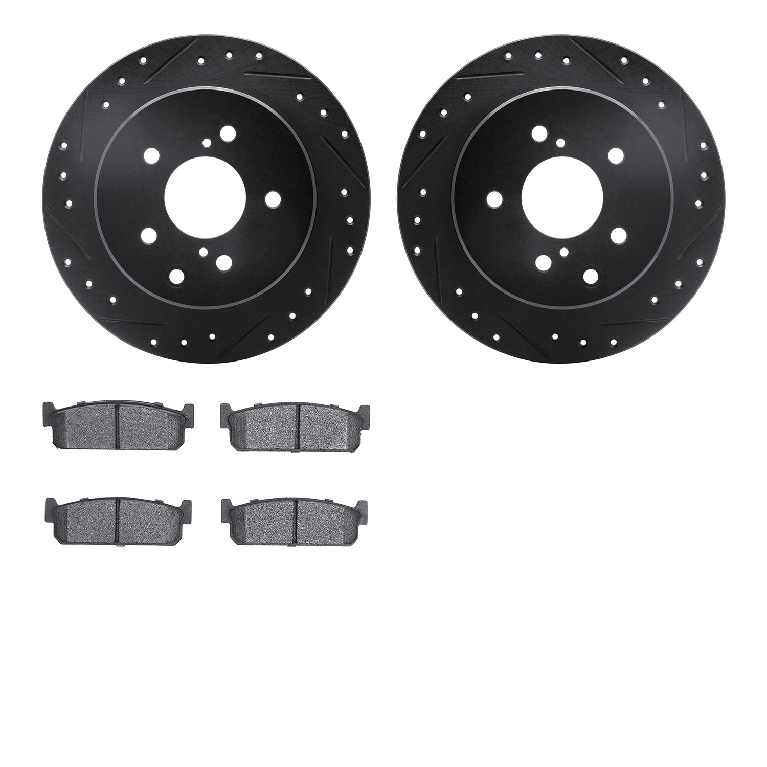 8502-68003 Drilled/Slotted Brake Rotors w/5000 Advanced Brake Pads Kit [Black], 1994-1996 Infiniti/Nissan, Position: Rear