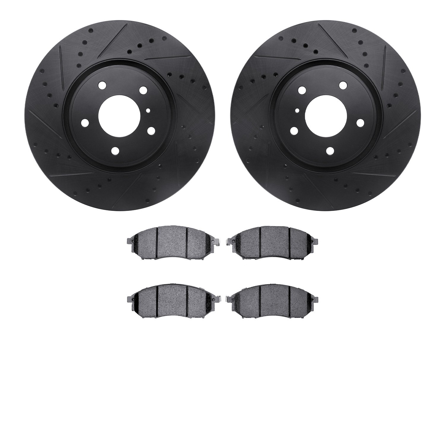 8502-68013 Drilled/Slotted Brake Rotors w/5000 Advanced Brake Pads Kit [Black], 2014-2014 Infiniti/Nissan, Position: Front