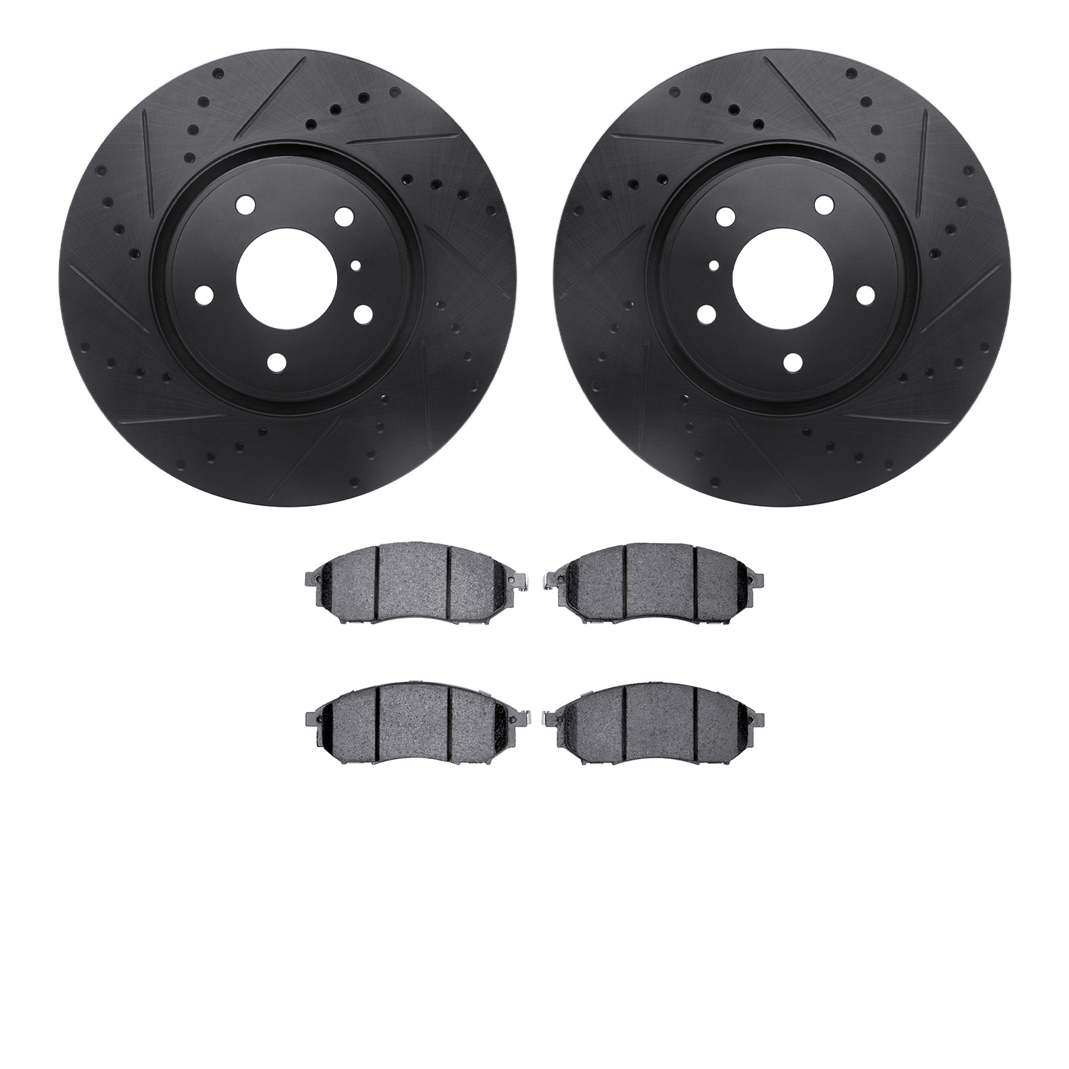 8502-68016 Drilled/Slotted Brake Rotors w/5000 Advanced Brake Pads Kit [Black], 2005-2013 Infiniti/Nissan, Position: Front