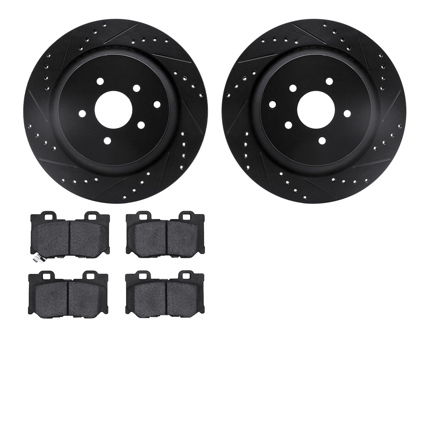 8502-68017 Drilled/Slotted Brake Rotors w/5000 Advanced Brake Pads Kit [Black], Fits Select Infiniti/Nissan, Position: Rear