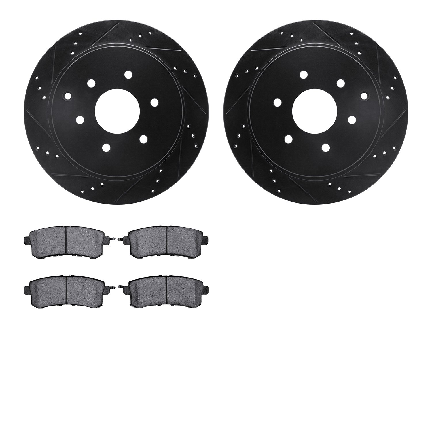 8502-68019 Drilled/Slotted Brake Rotors w/5000 Advanced Brake Pads Kit [Black], Fits Select Infiniti/Nissan, Position: Rear