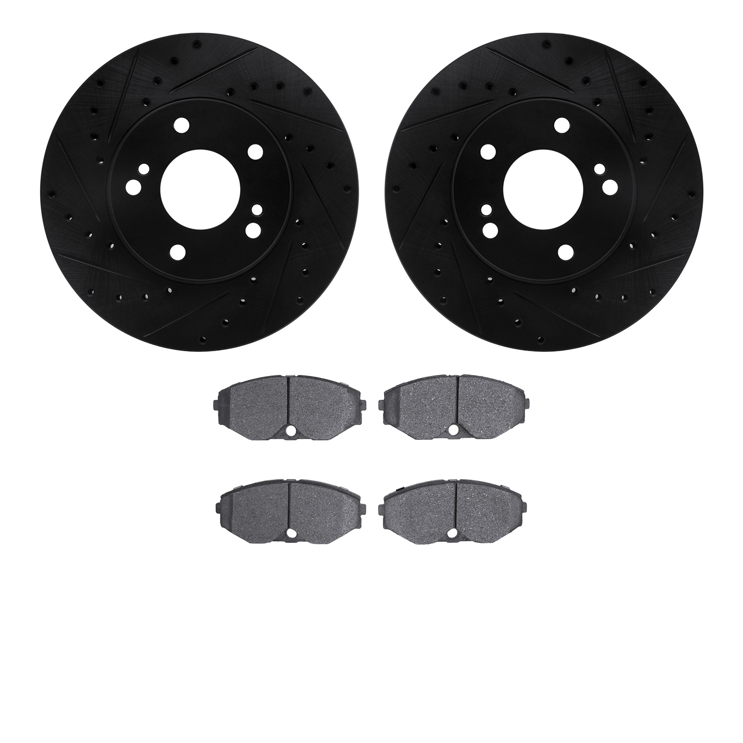 8502-68023 Drilled/Slotted Brake Rotors w/5000 Advanced Brake Pads Kit [Black], 1990-1995 Infiniti/Nissan, Position: Front