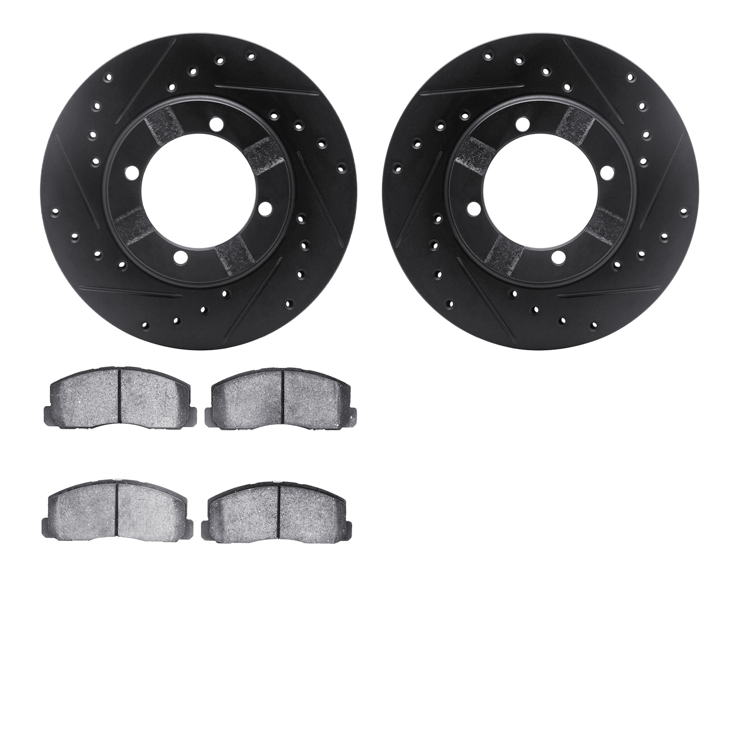 8502-72002 Drilled/Slotted Brake Rotors w/5000 Advanced Brake Pads Kit [Black], 1983-1991 Multiple Makes/Models, Position: Front