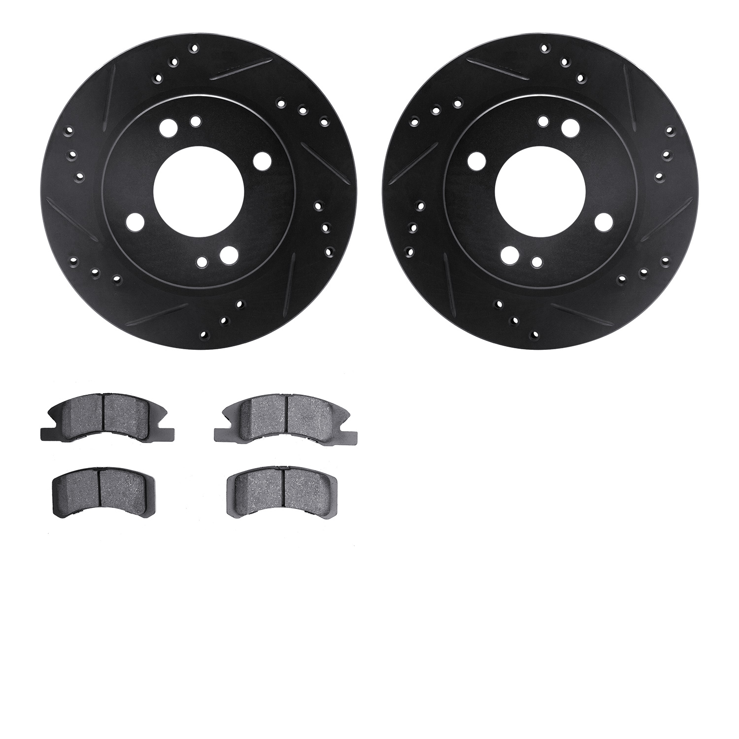 8502-72052 Drilled/Slotted Brake Rotors w/5000 Advanced Brake Pads Kit [Black], 2014-2015 Mitsubishi, Position: Front