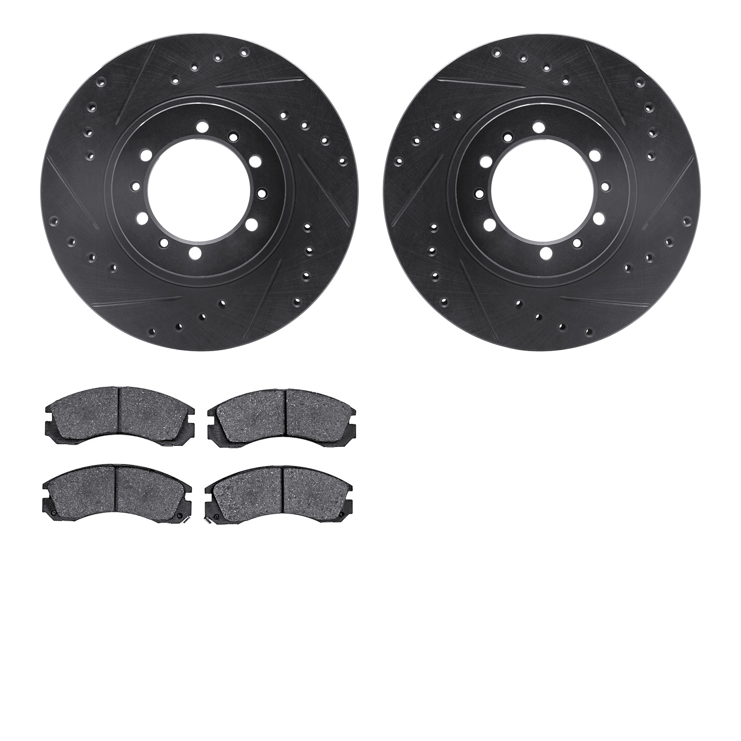 8502-72060 Drilled/Slotted Brake Rotors w/5000 Advanced Brake Pads Kit [Black], 1990-2004 Mitsubishi, Position: Front