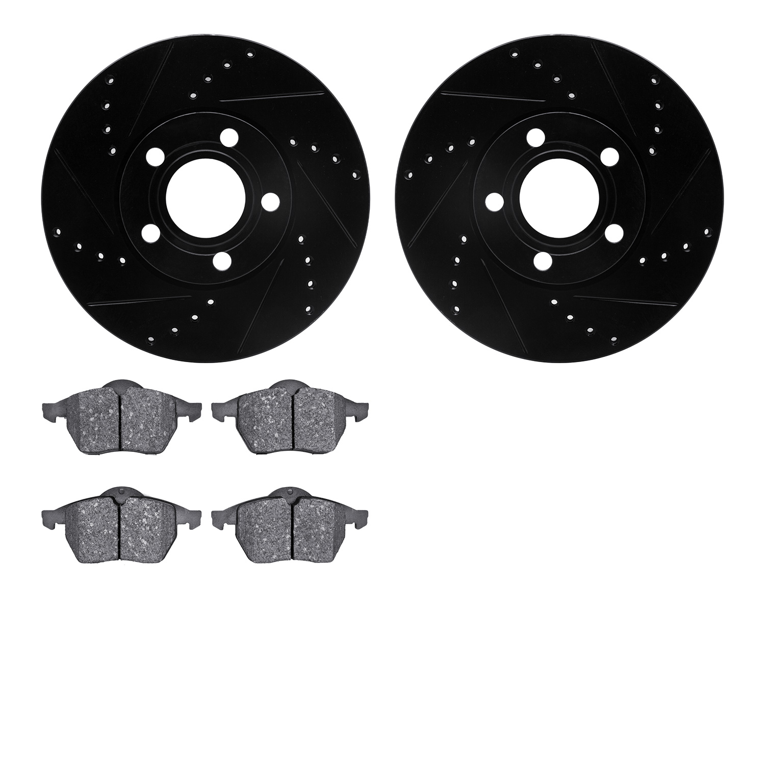 8502-73045 Drilled/Slotted Brake Rotors w/5000 Advanced Brake Pads Kit [Black], 1996-1999 Audi/Volkswagen, Position: Front