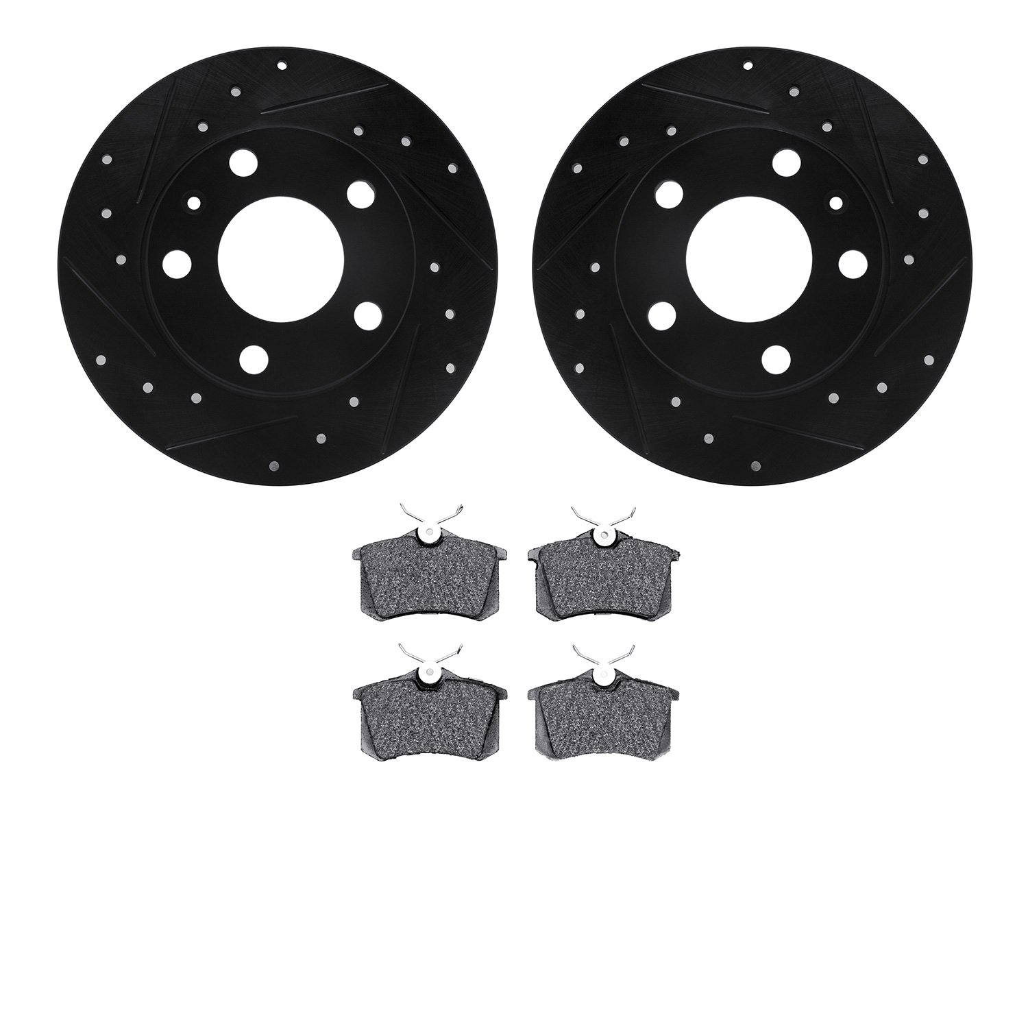 8502-73050 Drilled/Slotted Brake Rotors w/5000 Advanced Brake Pads Kit [Black], 2002-2006 Audi/Volkswagen, Position: Rear