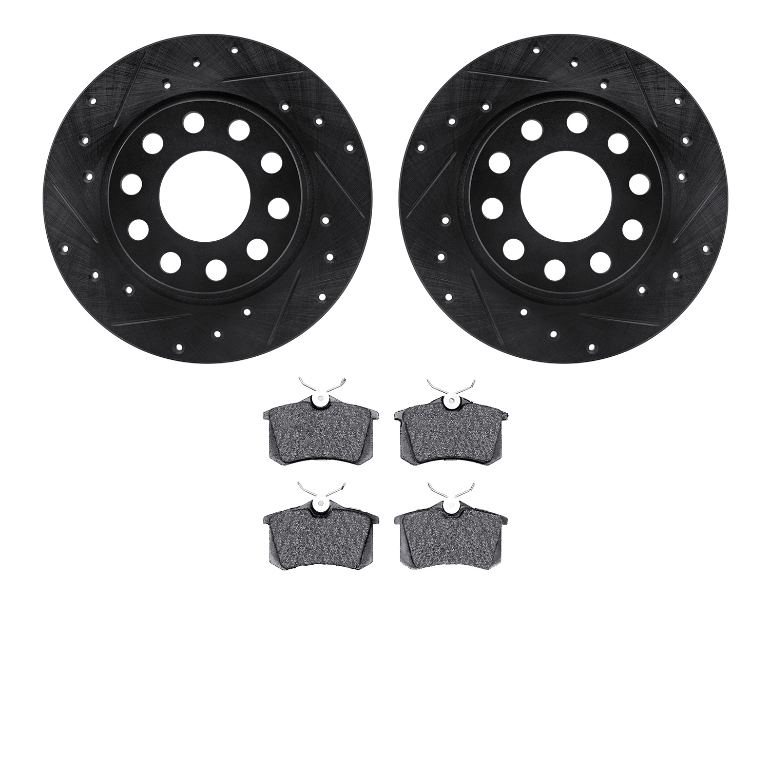 8502-73054 Drilled/Slotted Brake Rotors w/5000 Advanced Brake Pads Kit [Black], 2002-2006 Audi/Volkswagen, Position: Rear