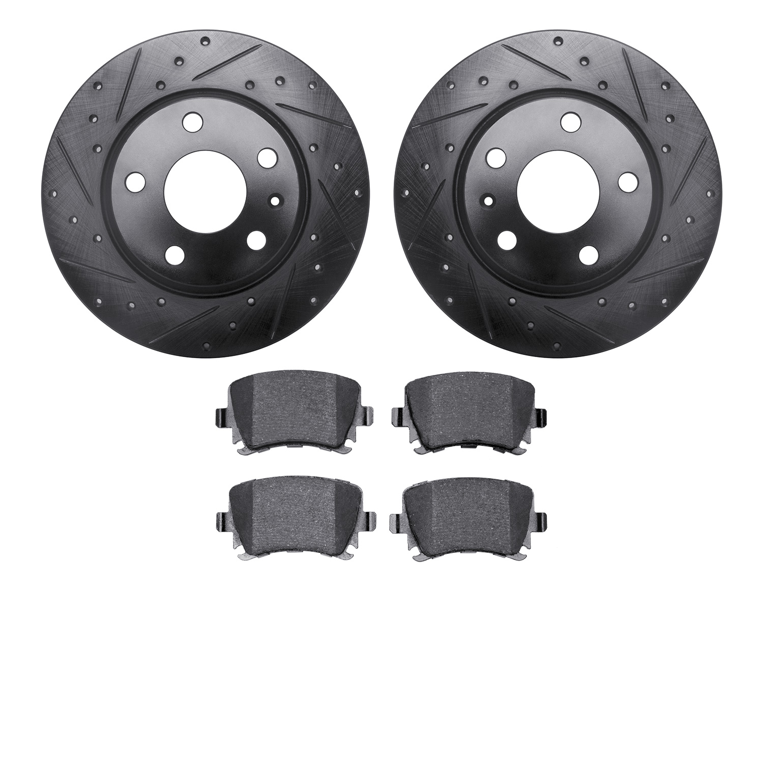 8502-73058 Drilled/Slotted Brake Rotors w/5000 Advanced Brake Pads Kit [Black], 2009-2015 Audi/Volkswagen, Position: Rear