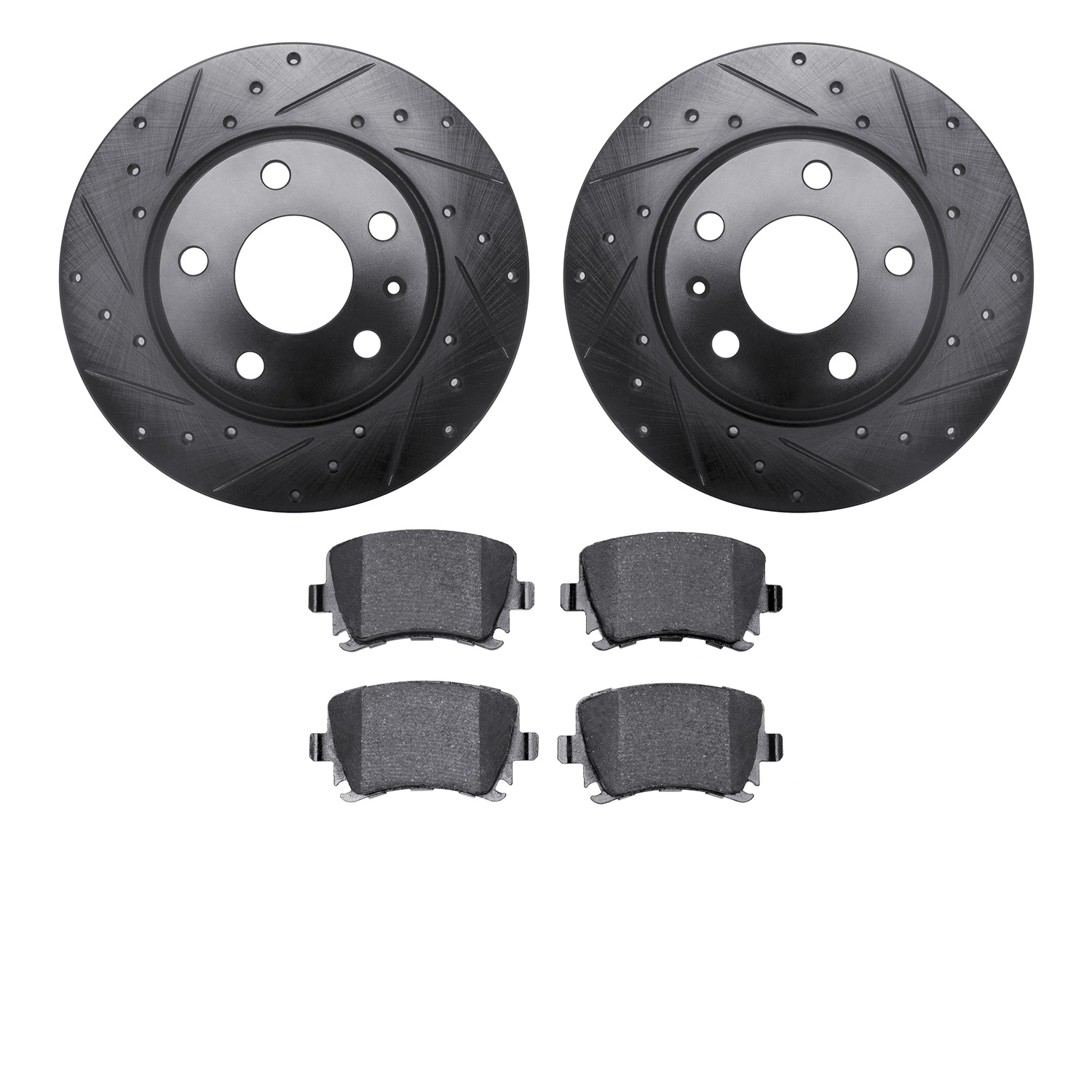 8502-73059 Drilled/Slotted Brake Rotors w/5000 Advanced Brake Pads Kit [Black], 2008-2009 Audi/Volkswagen, Position: Rear