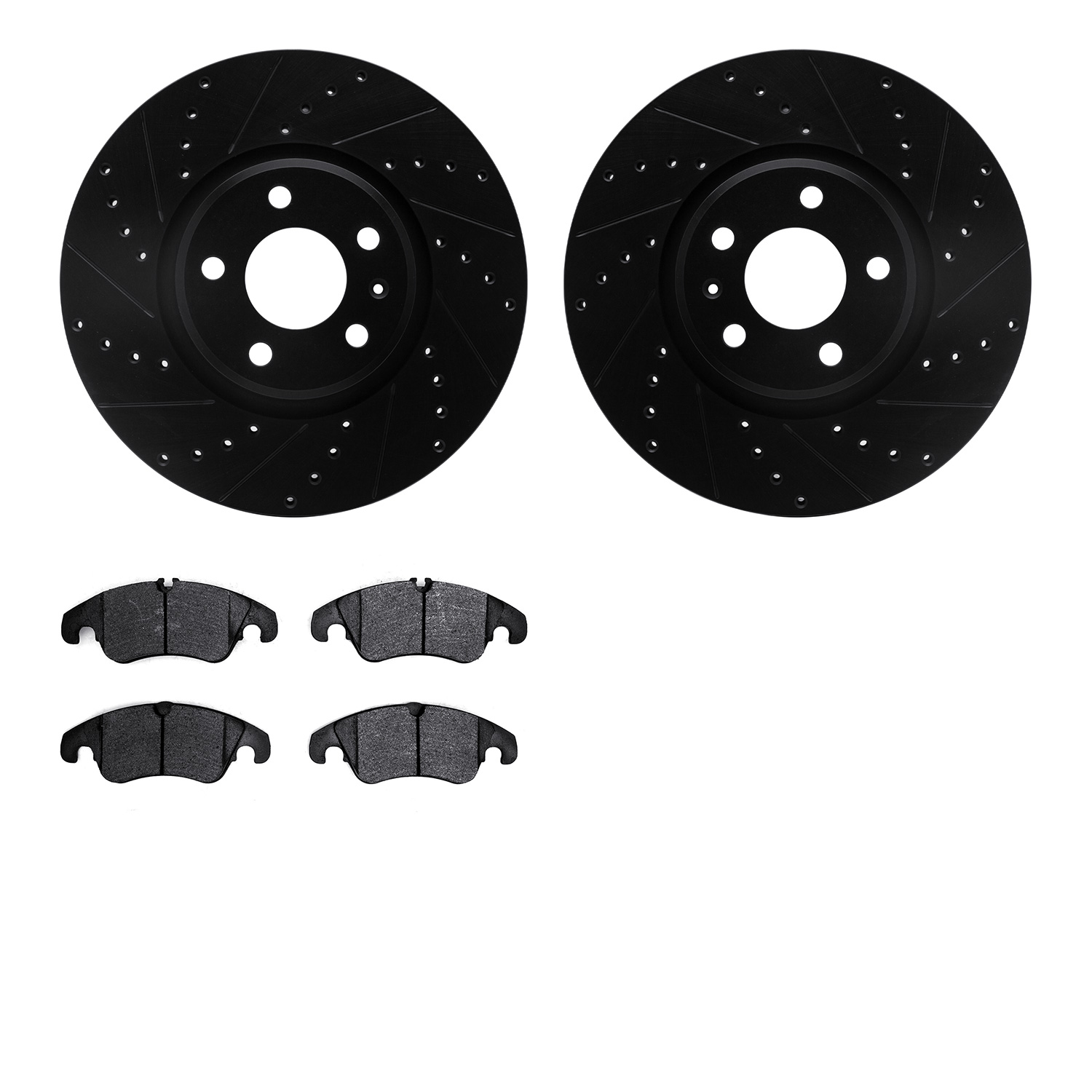 8502-73073 Drilled/Slotted Brake Rotors w/5000 Advanced Brake Pads Kit [Black], 2012-2016 Audi/Volkswagen, Position: Front