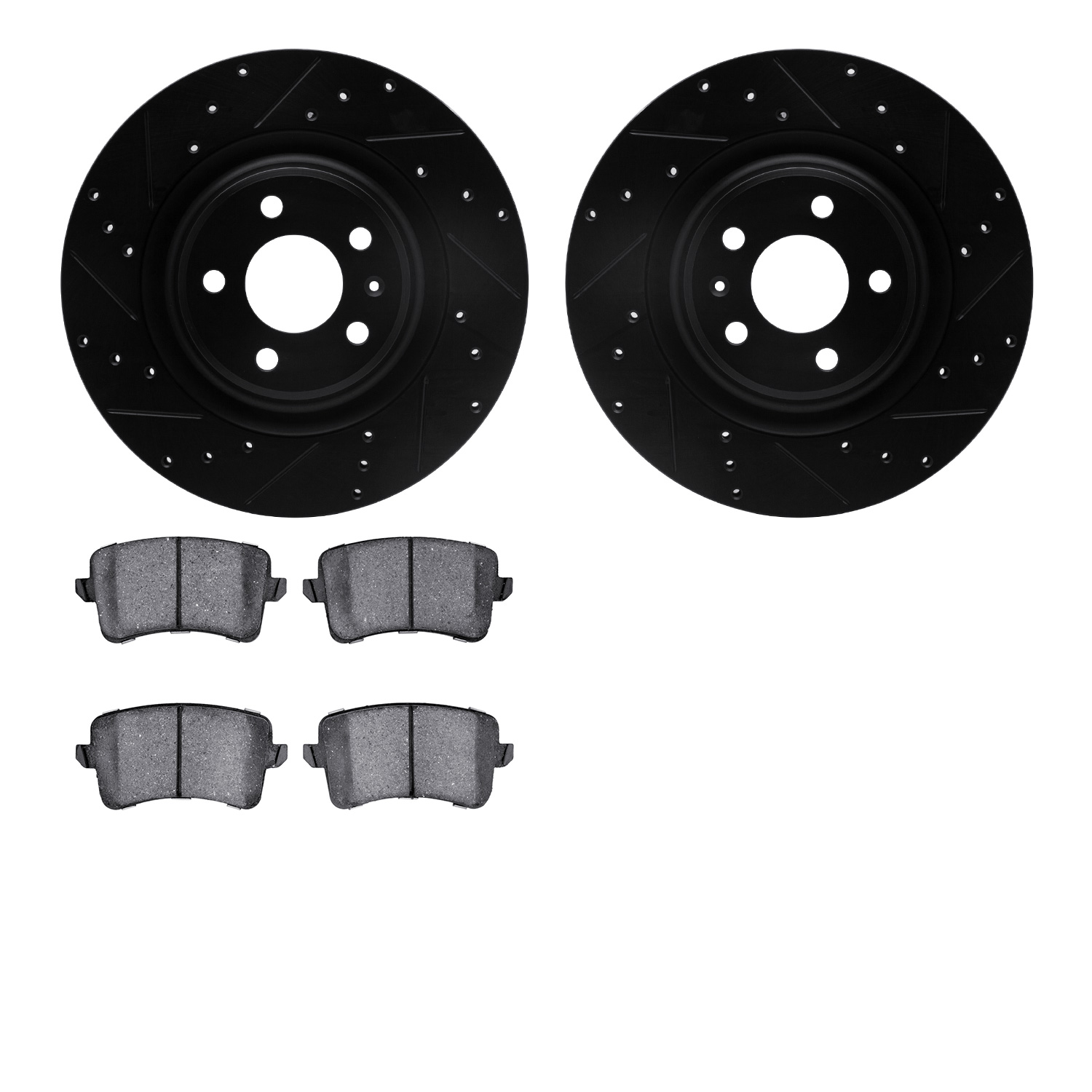 8502-73075 Drilled/Slotted Brake Rotors w/5000 Advanced Brake Pads Kit [Black], 2013-2017 Audi/Volkswagen, Position: Rear