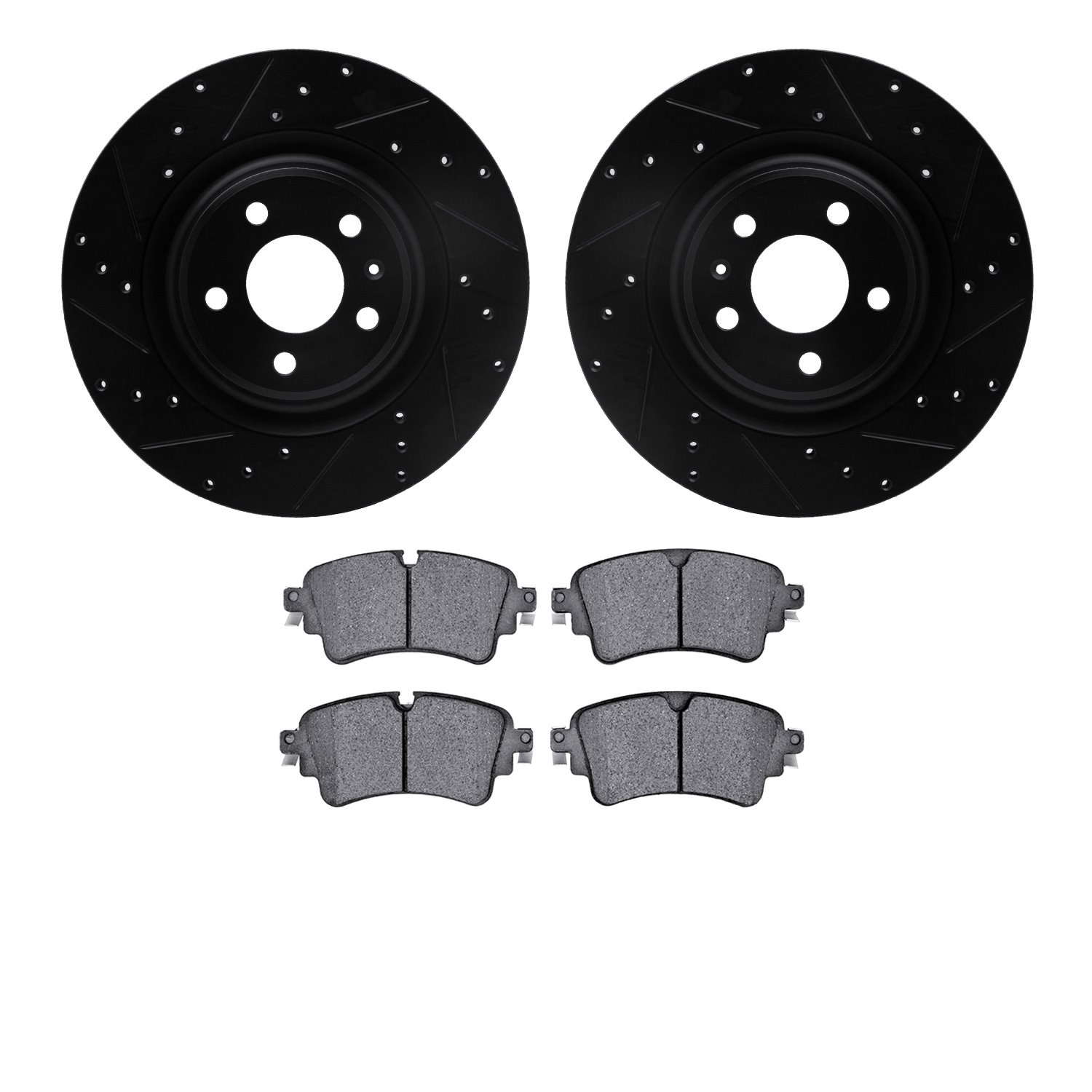 8502-73393 Drilled/Slotted Brake Rotors w/5000 Advanced Brake Pads Kit [Black], 2018-2020 Audi/Volkswagen, Position: Rear