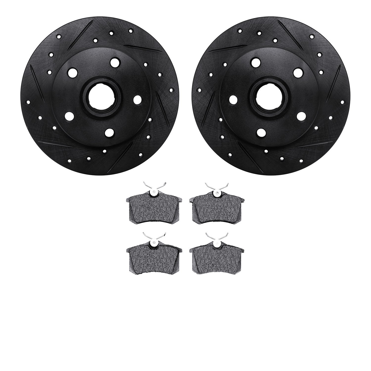 8502-74013 Drilled/Slotted Brake Rotors w/5000 Advanced Brake Pads Kit [Black], 1992-1998 Audi/Volkswagen, Position: Rear