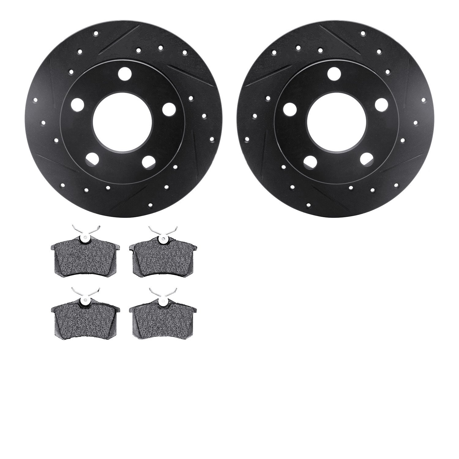 8502-74017 Drilled/Slotted Brake Rotors w/5000 Advanced Brake Pads Kit [Black], 1997-2005 Audi/Volkswagen, Position: Rear