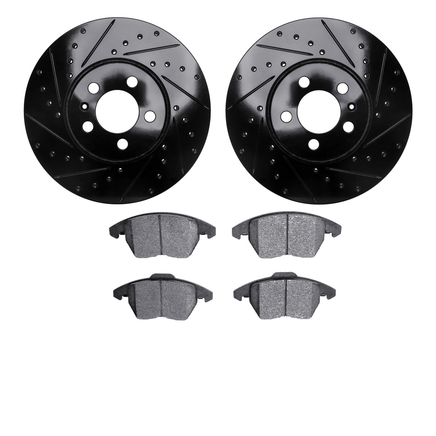 8502-74041 Drilled/Slotted Brake Rotors w/5000 Advanced Brake Pads Kit [Black], 2011-2018 Audi/Volkswagen, Position: Front