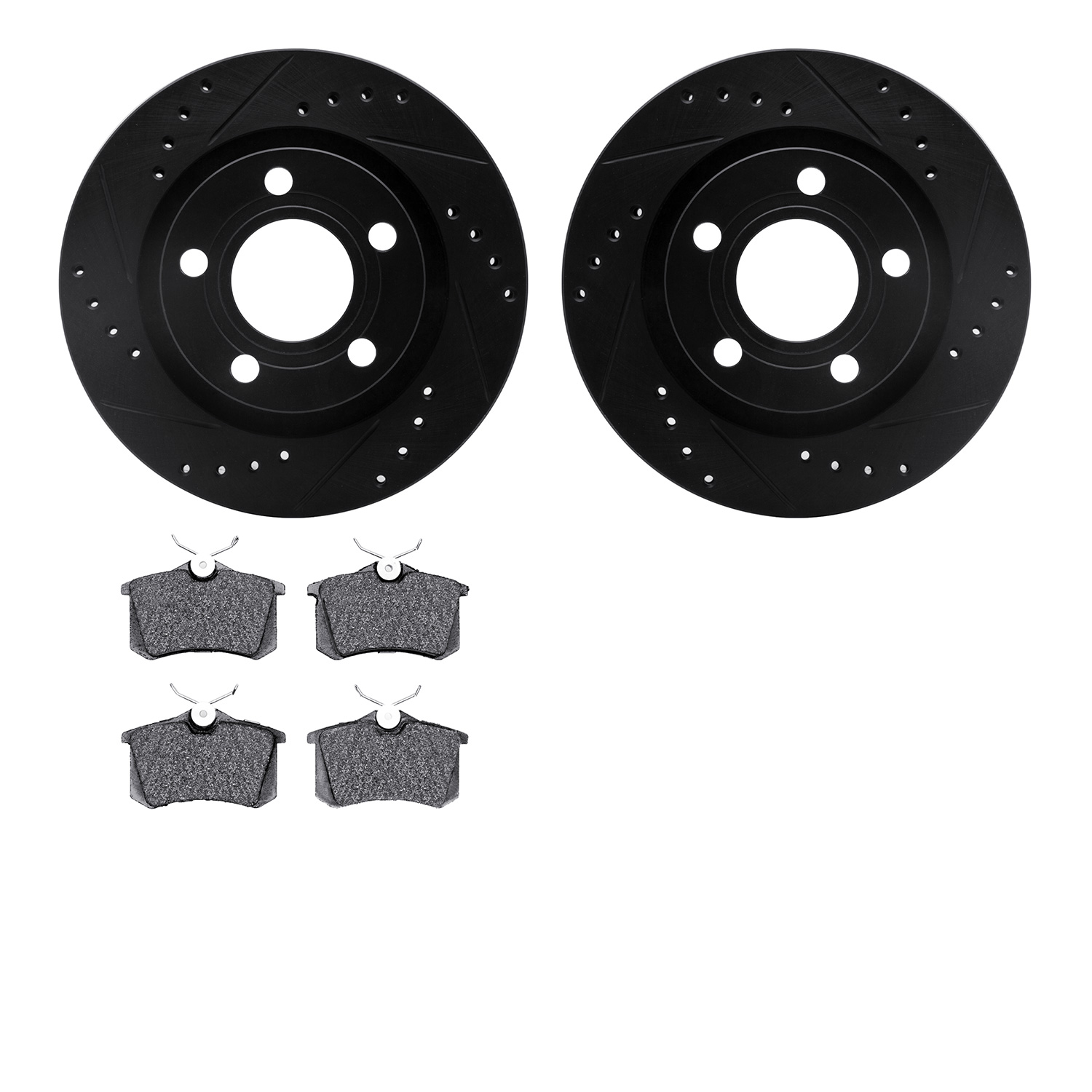 8502-74048 Drilled/Slotted Brake Rotors w/5000 Advanced Brake Pads Kit [Black], 1999-2004 Audi/Volkswagen, Position: Rear