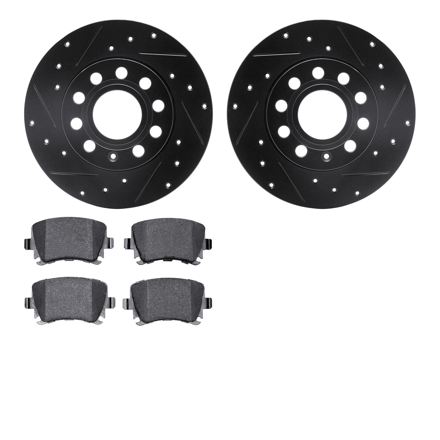 8502-74051 Drilled/Slotted Brake Rotors w/5000 Advanced Brake Pads Kit [Black], 2005-2010 Audi/Volkswagen, Position: Rear