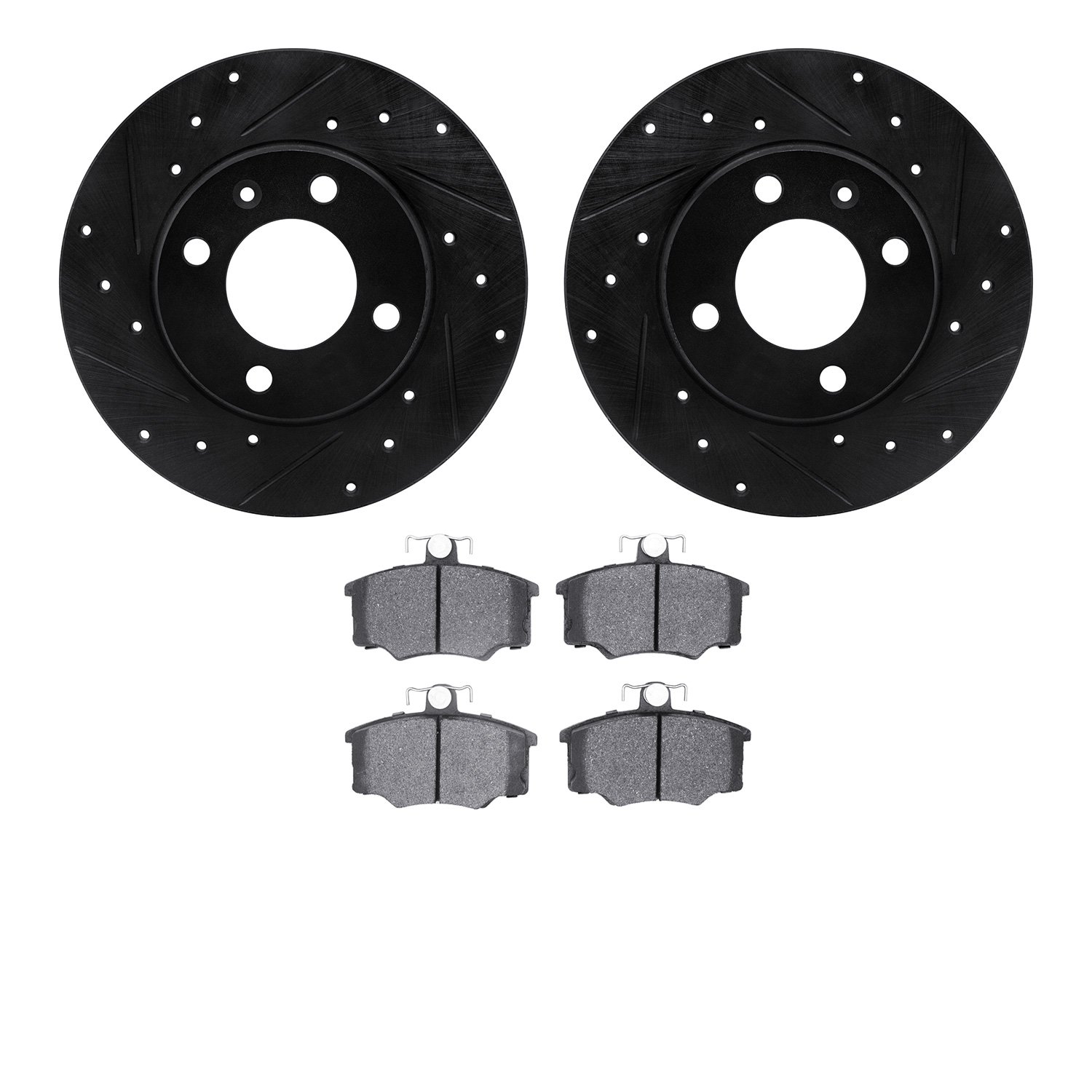 8502-74074 Drilled/Slotted Brake Rotors w/5000 Advanced Brake Pads Kit [Black], 1977-1983 Audi/Volkswagen, Position: Front