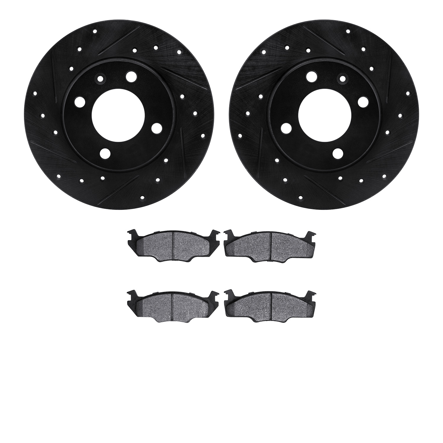 8502-74078 Drilled/Slotted Brake Rotors w/5000 Advanced Brake Pads Kit [Black], 1980-1984 Audi/Volkswagen, Position: Front