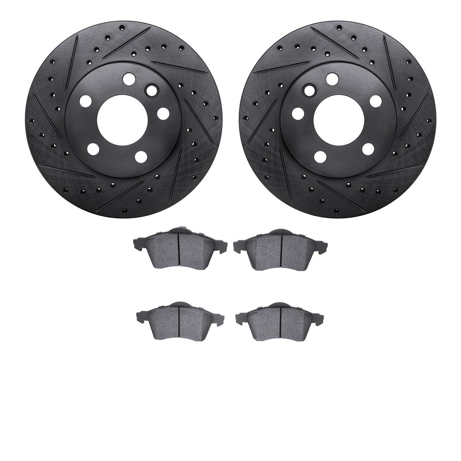 8502-74080 Drilled/Slotted Brake Rotors w/5000 Advanced Brake Pads Kit [Black], 1996-1999 Audi/Volkswagen, Position: Front