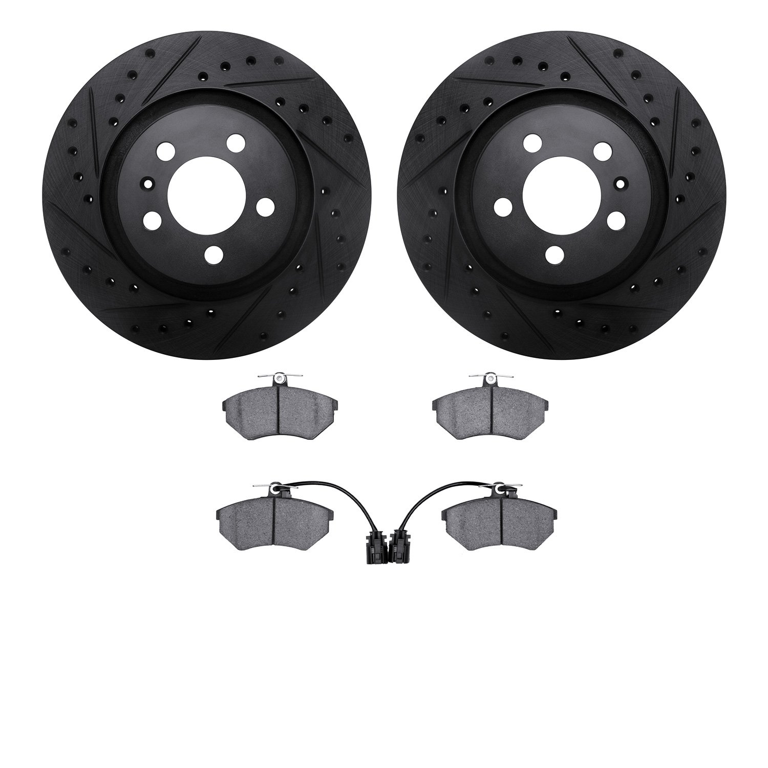 8502-74082 Drilled/Slotted Brake Rotors w/5000 Advanced Brake Pads Kit [Black], 1994-1995 Audi/Volkswagen, Position: Front