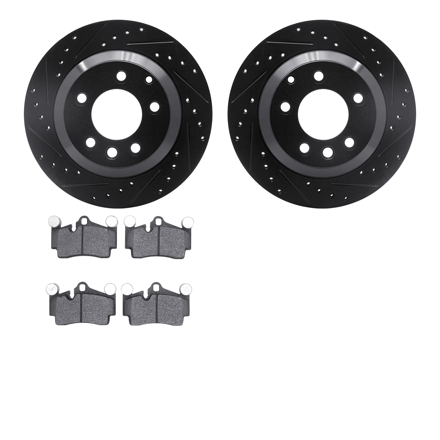 8502-74084 Drilled/Slotted Brake Rotors w/5000 Advanced Brake Pads Kit [Black], 2003-2010 Multiple Makes/Models, Position: Rear