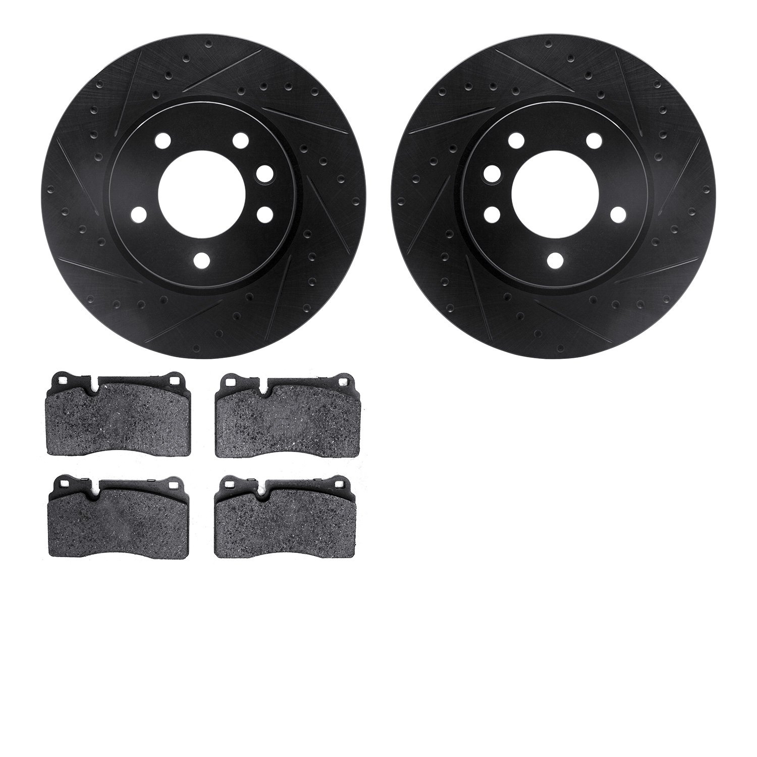 8502-74086 Drilled/Slotted Brake Rotors w/5000 Advanced Brake Pads Kit [Black], 2006-2018 Audi/Volkswagen, Position: Front